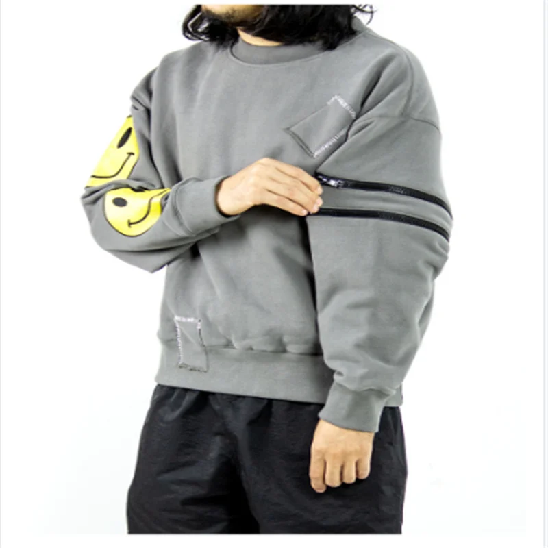 

Pullover Tide Brand Loose Shoulder Outline Zipper Sleeve Embroidered Smiley Sweater Thick Terry Short Velvet Men and Women