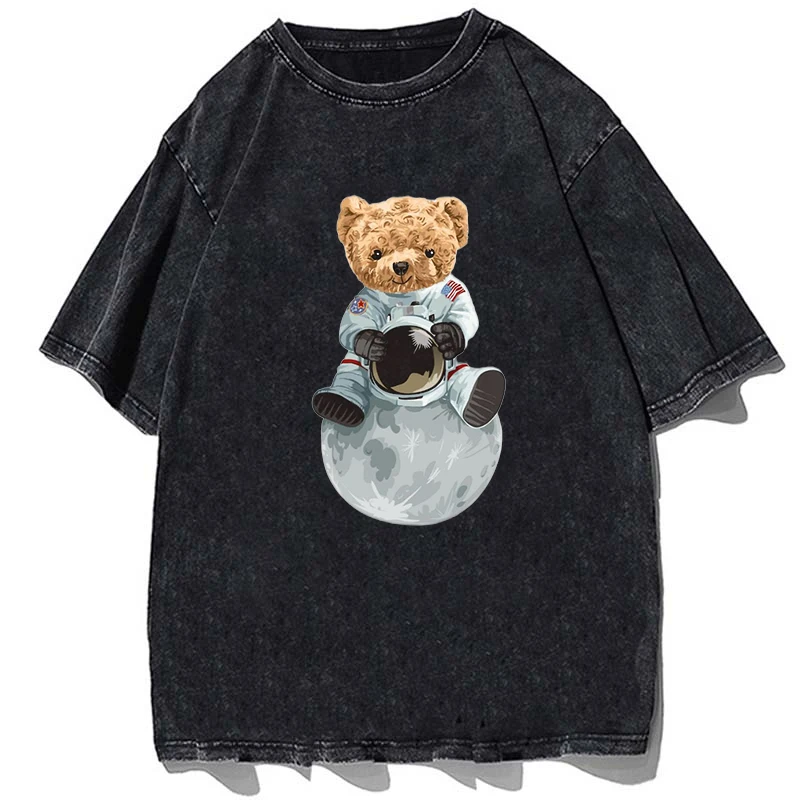 

Футболка мужская хлопковая оверсайз, повседневная промытая рубашка с круглым вырезом, с принтом космонавта, Луны, мишки тедди, Топ в стиле Харадзюку, летняя одежда