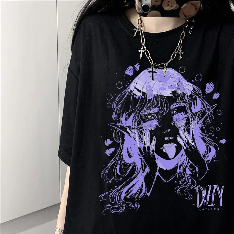 Women T-shirts Harajuku Music Girl Print Black Crop Oversized T-shirt Goth Short Sleeve Top Female TShirt Kawaii Ladies Clothing |
