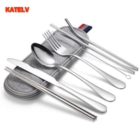 portable travel cutlery set stainless steel camping knife fork straw flatware set with waterproof bag portable picnic tableware