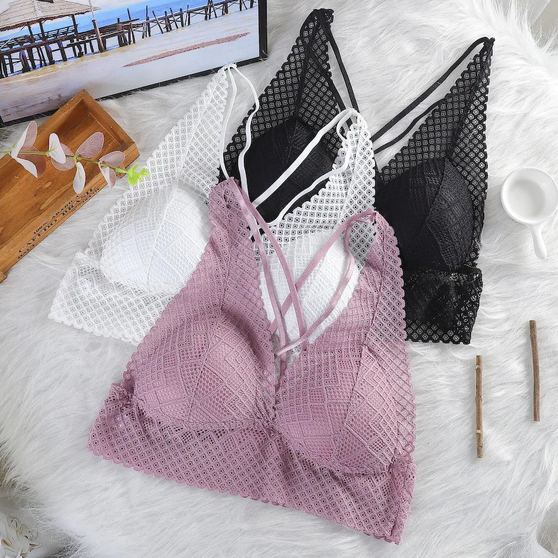 Back Cross Buckle Beauty Lace Bralette Women Sexy Bras Wire Free Bra Ultrathin Brassiere Push Up Underwear Lingerie Sport Bra