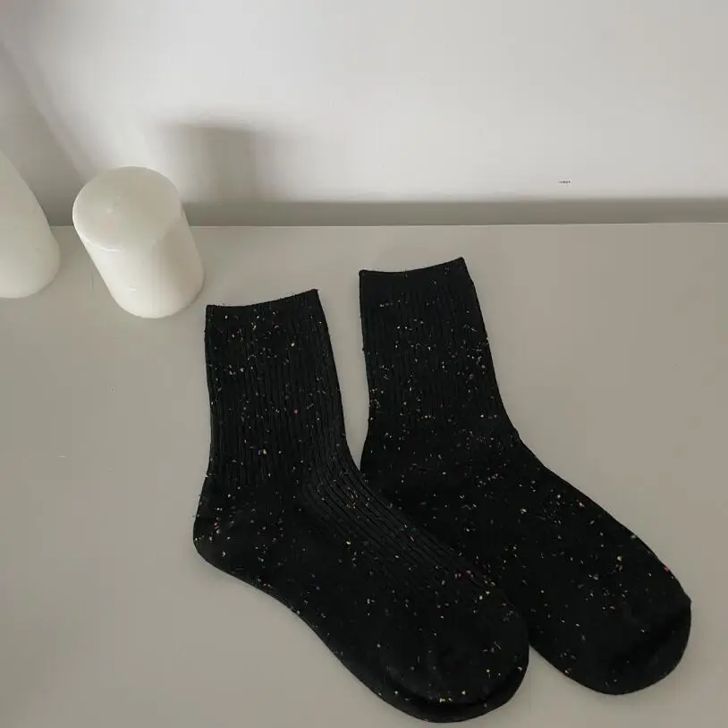 Winter Tweed Crew Socks for Women Cotton Marled White Purple Striped Rainbow Knee High Socks 7 Pairs/ Lot