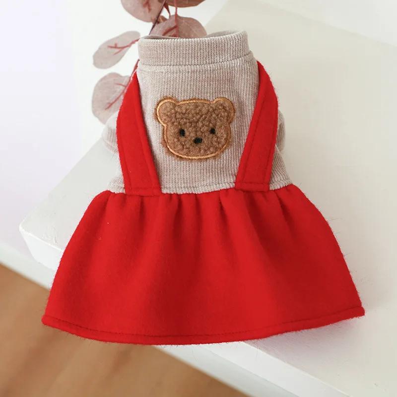 Autumn Winter Dress Cute Bear Pattern Christmas Puppy Red Skirt Small Dog Keep Warm Coat Holiday Clothes Chihuahua Yorkshire