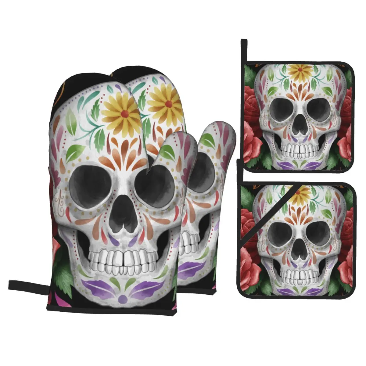 

4 Set of Kitchen Gloves Insulation Watercolor Dia De Muertos Pad Cooking Microwave Gloves Baking BBQ Oven Potholders Mitts