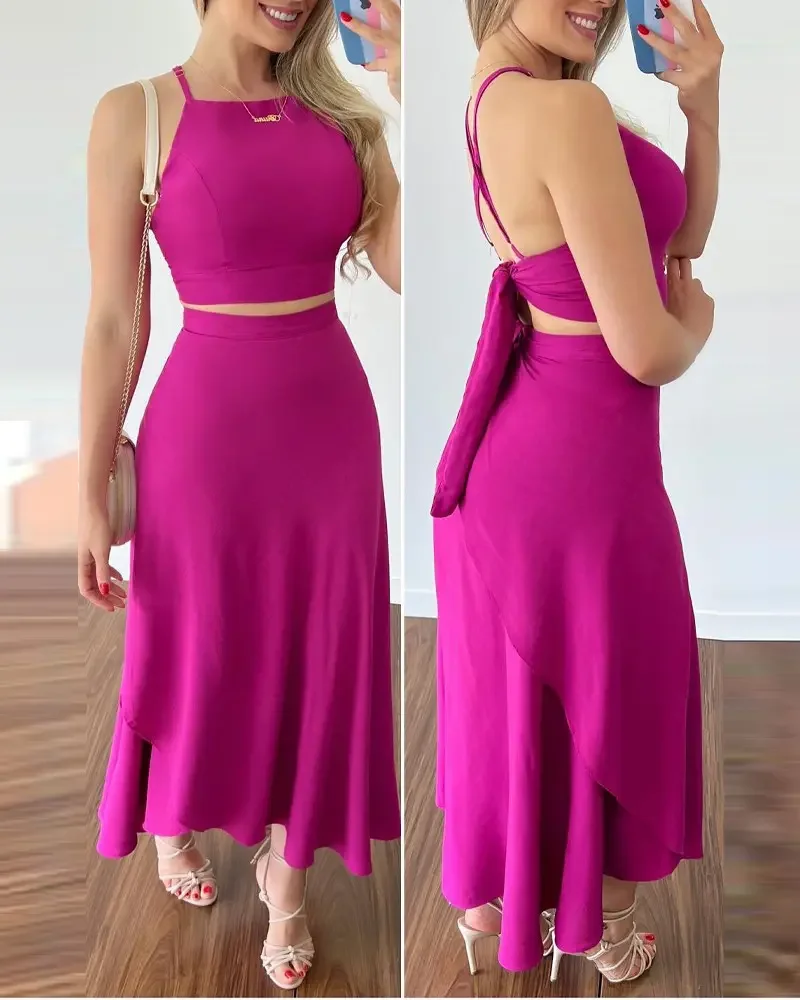

Women's Skirts 2 Piece Sexy Cross Cropped Top and Skirt Set Lace Up Detail Square Neck Women's Summer New Fashion