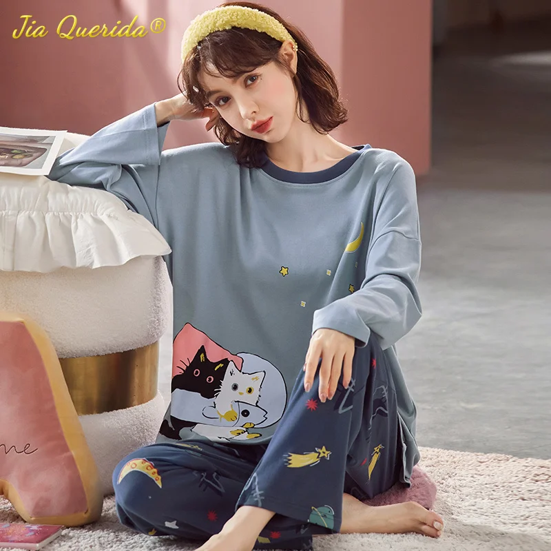 Plus Size Pajamas for Women Cotton Loungewear 4xl 5xl Cat Printing Two Piece Set Autumn Winter Home Clothes for Big Size Ladies