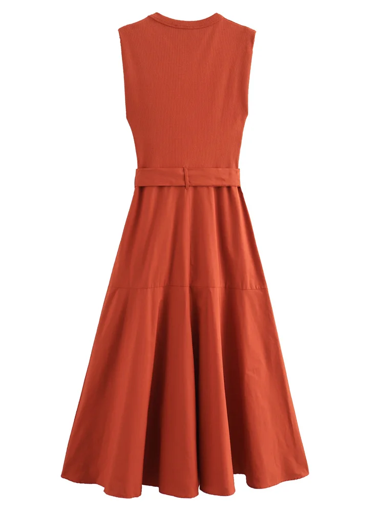 Женское винтажное платье с поясом круглым вырезом без рукавов