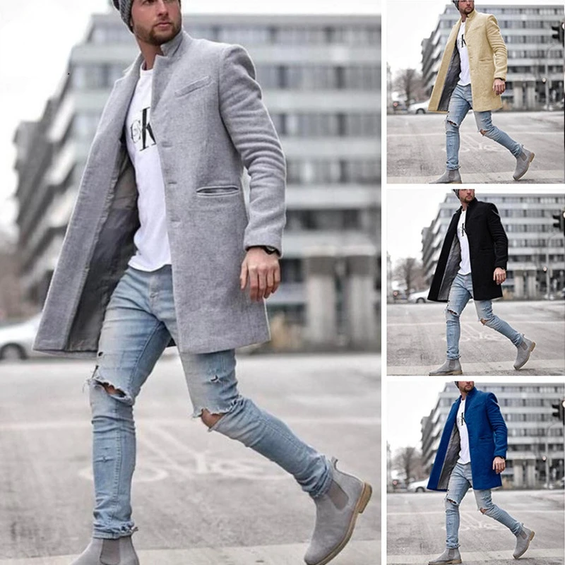 

Ветровка в европейском и американском стиле, 2022, мужское плотное теплое пальто, модное однотонное длинное теплое пальто на осень и зиму