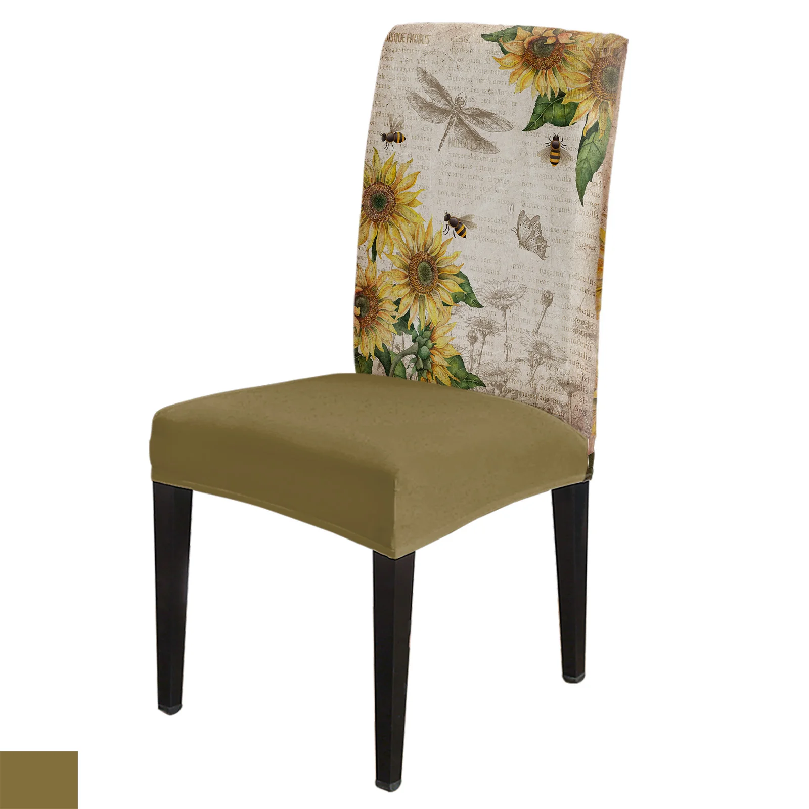 

Retro Newspaper Sunflower Chair Covers Dining Room Weddings Banquet Stretch Chair Cover Kitchen Spandex Chair Cover