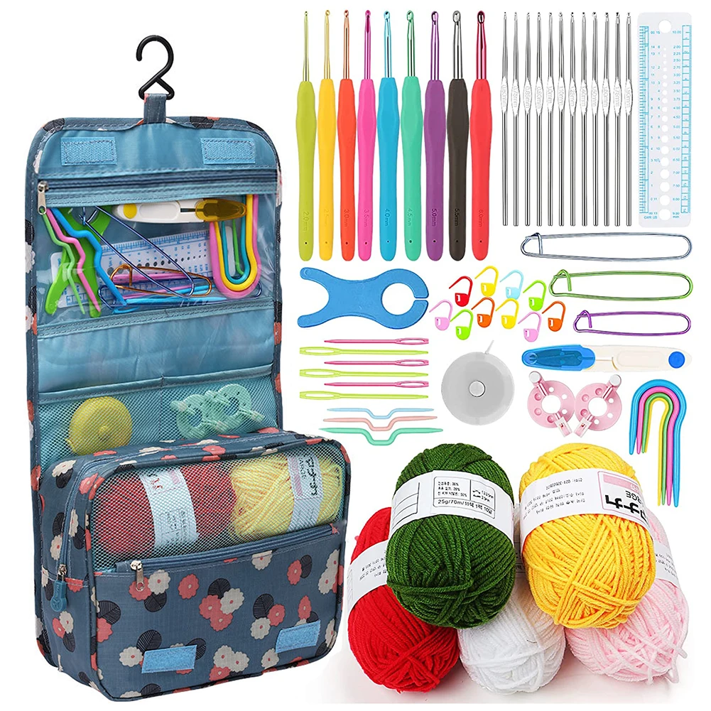 

Crochet Supplies Set 59pcs Ergonomic Kit for Adults and Children Soft Handle Hooks Lace Hooks Yarn and Accessories