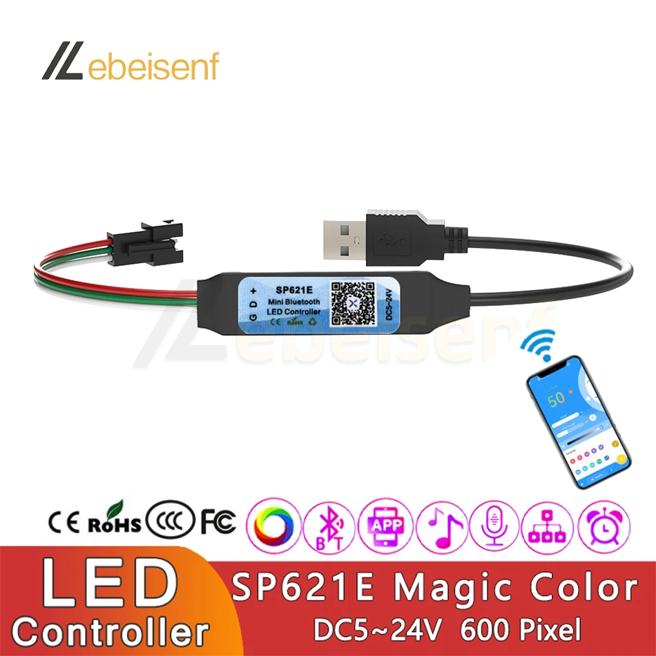 Миниатюрный светодиодный контроллер USB SP621E, Bluetooth, управление через приложение, волшебный цвет, регулятор яркости, адресная цифровая интегральная схема SPI для светодиодной ленты WS2812B 2811 5050 Миниатюрный светодиодный контроллер USB SP621E, Bluetooth, управление через приложение, волшебный цвет, регулятор яркости, адресная цифровая интегральная схема SPI для светодиодной ленты WS2812B 2811 5050