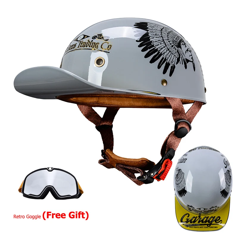 Fashion Grey Indian Vintage Open Face Half Helmets For Motorcycle Dot Approved Adult Summer Baseball Cap Retro 1/2 Helmet