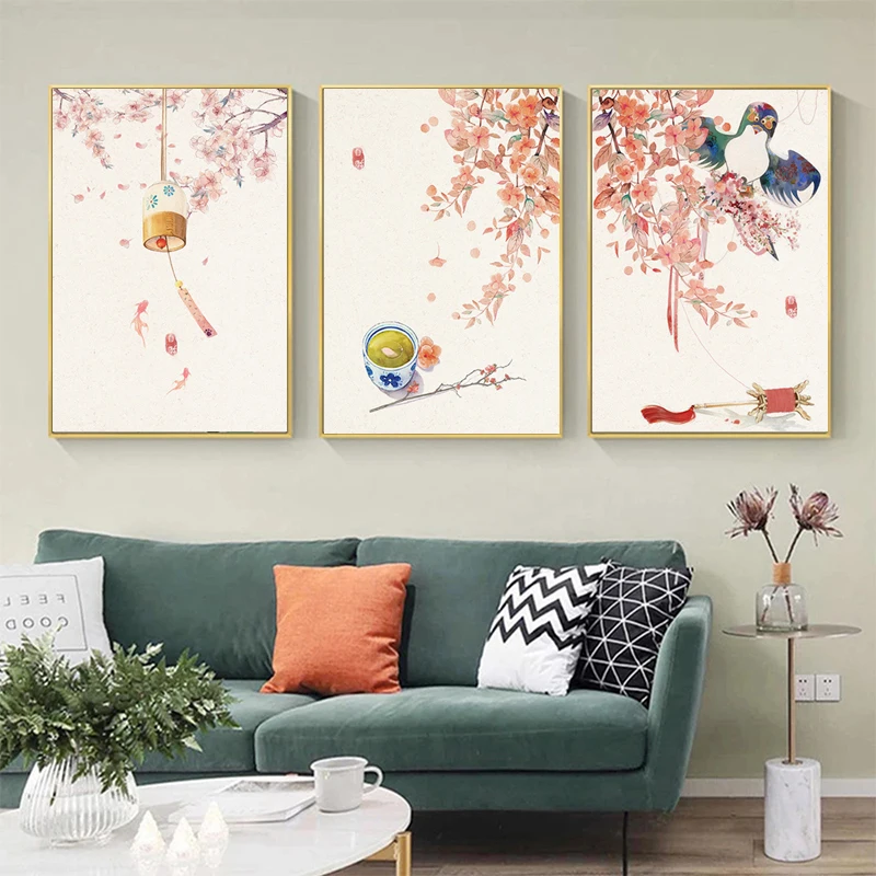 

Japanese Style Landscape Flowers Trees and Chimes Wall Print PVC Poster PP Glue Transparent Waterproof Tear-Off Ready To Paste