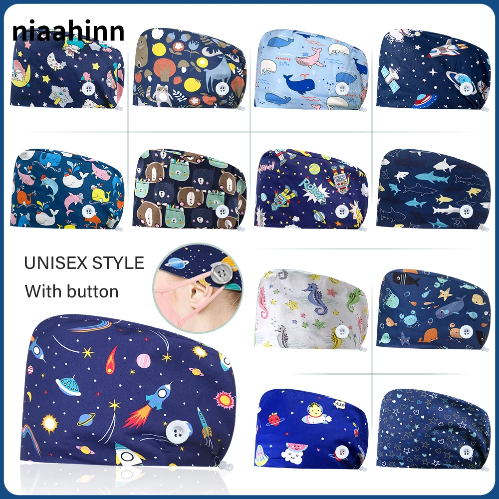 Оптовая продажа, шапка медсестры, хирургическая шапка, круглые шапки с животными, санитарная шапка с повязкой, шапка для кормления с мультяшным принтом, шапка для медсестры