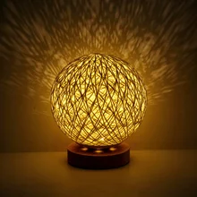 LED Moon Table Lamp Hand-Knit Lampshade Wood Table Ball Light with USB Charged Rattan Ball Lamp Modern Bedside Night Lamp