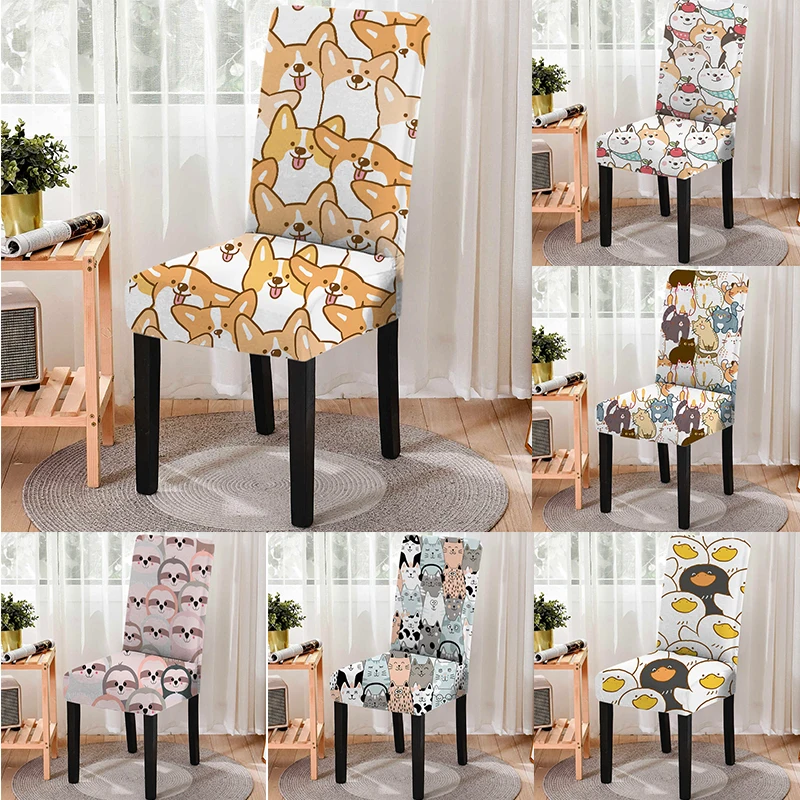 Cartoon Themed Cute Pet Dog Pattern All Inclusive Anti-Fouling Dining Chair Cover Washable Spandex Stretch Seat Cover Removable