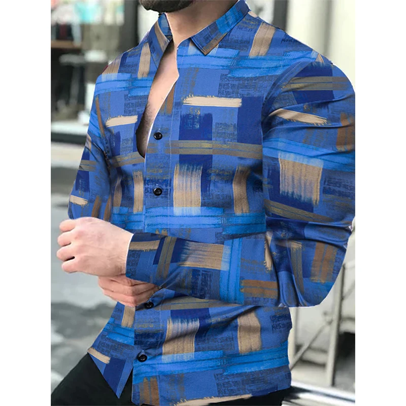 Fashion Social Men Shirts Turn-down Collar Buttoned Shirt Casual Abstract Print Long Sleeve Tops Mens Clothes Club Prom Cardigan