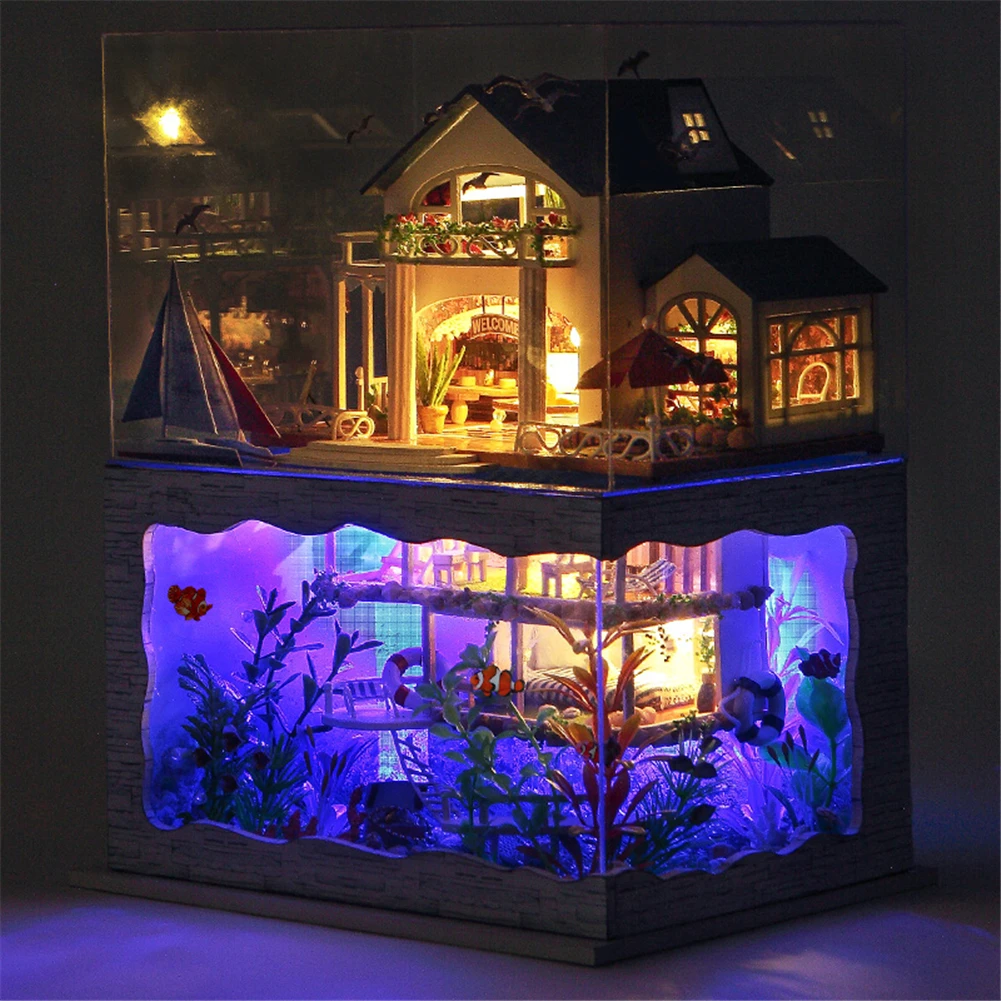 

Hawaii Style Double-Story Doll House With Dust Cover Casa Miniature Diy Wood Dollhouse Miniatures Kids Toys Girl Birthday Gifts