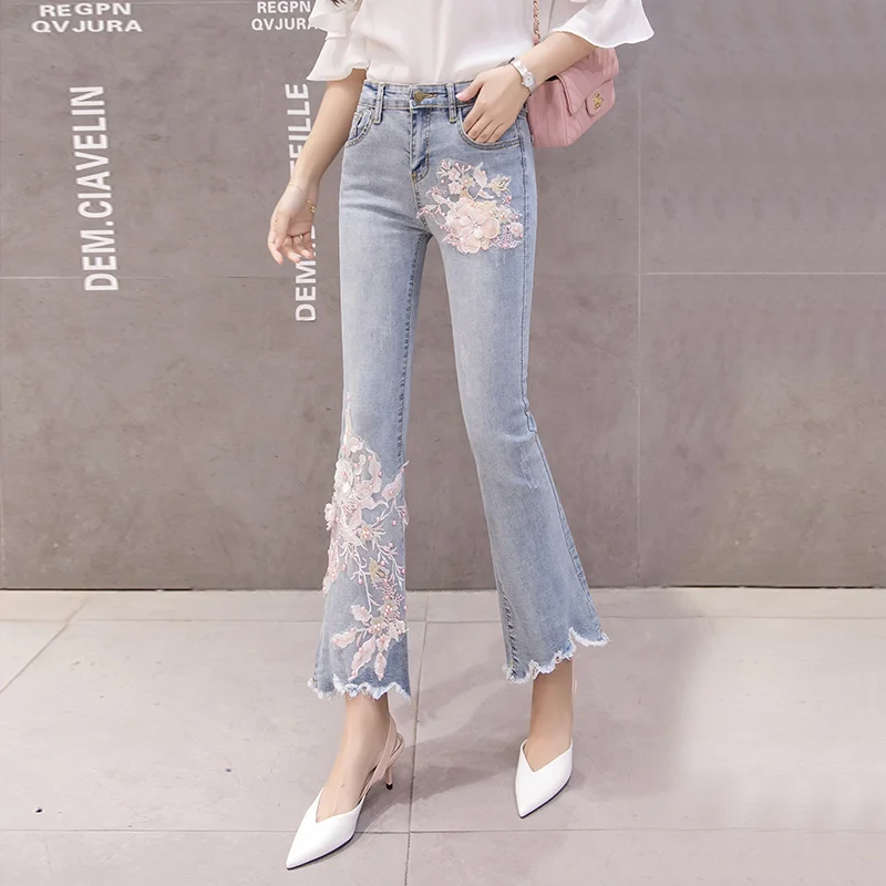 

Stretchy Women Flare Jeans Pants Pearls Tassels Flower Embroidery Denim Skinny Jeans Woman High Waist Pants Mom Jeans