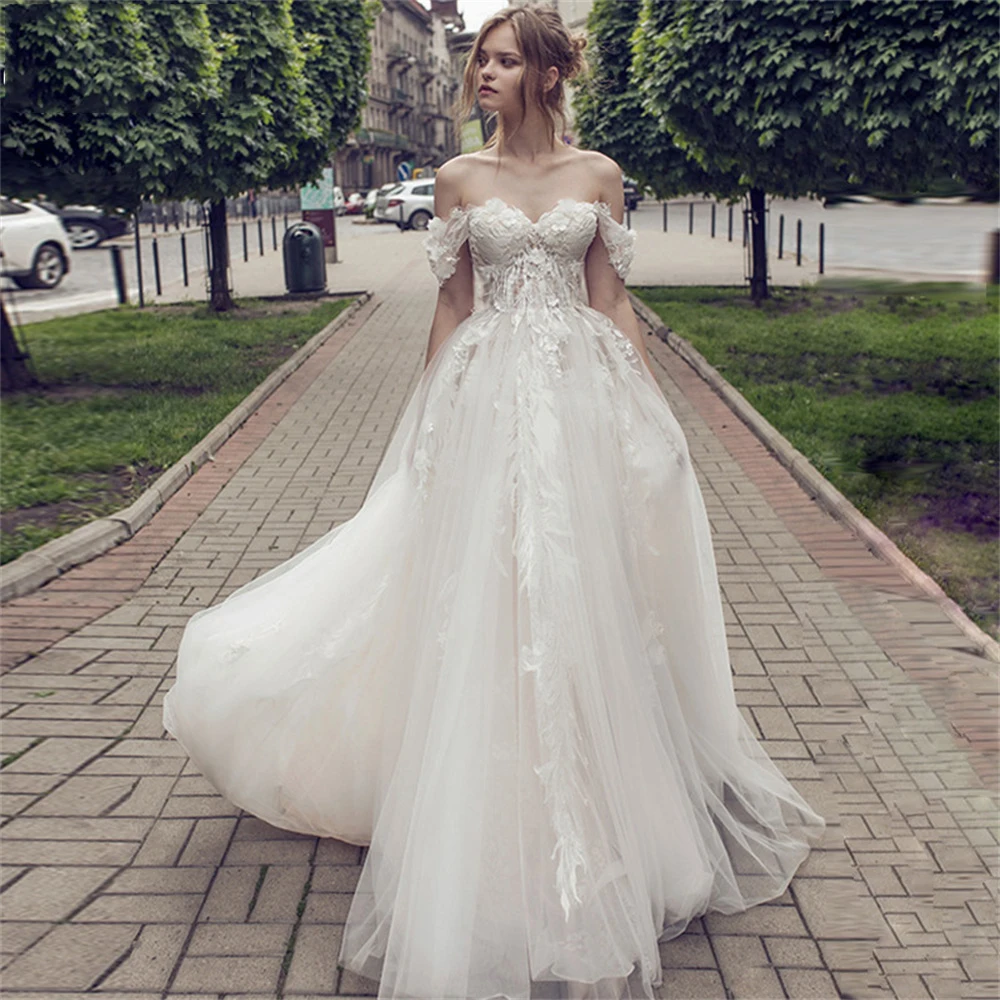 New Off the Shoulder Wedding Dresses A-line Tulle Gowns Beach Wedding Appliques Chic Bridal Dresses Vestido de noiva