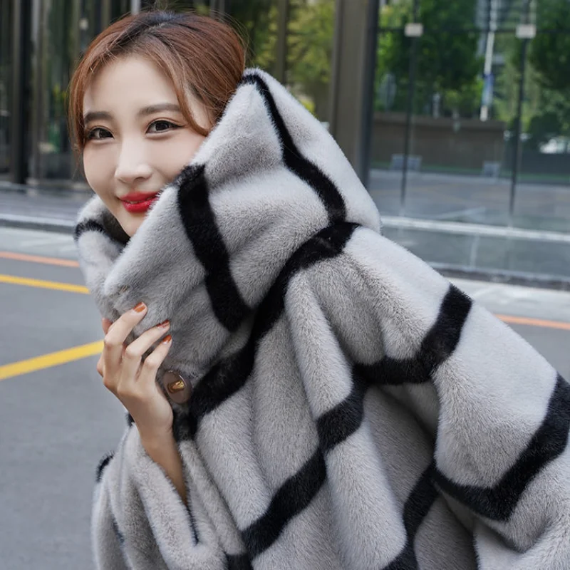 Autumn Winter Luxury Tops Faux Fur Jacket Mink Hair Flying Bat Fir Loose Hooded Warm Women's Coat Korean Fashion