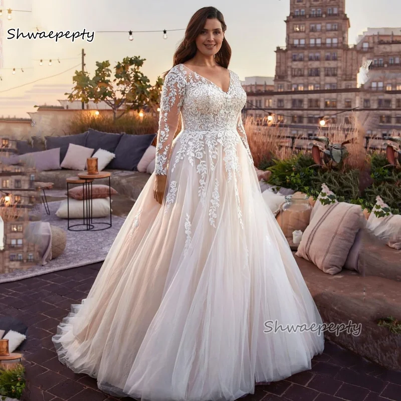 

Plus Size Long Sleeves Wedding Dresses Lace Appliques A Line Ivory Tulle Bridal Gowns with Skin Nude Lining 2023 Graceful Robe