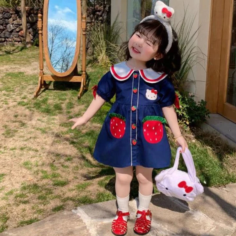 

Детская одежда Sanrios, платья, летняя милая и милая клетчатая юбка с лацканами клубники и арбуза Hello Kitty для девочек