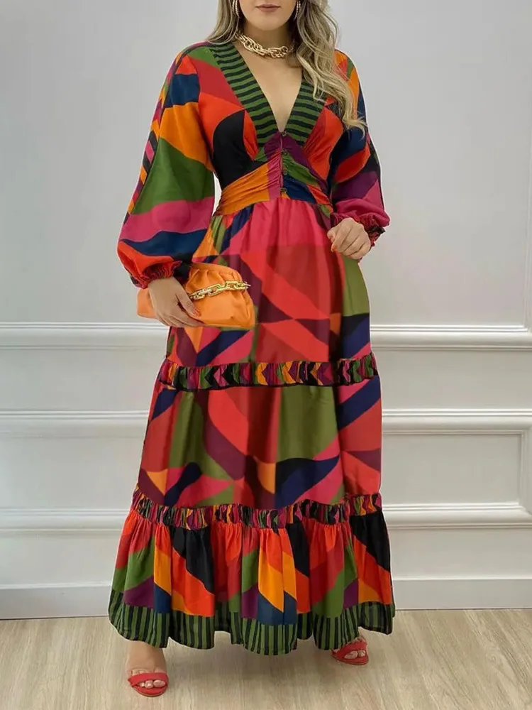 

2023 Geometric Print Lantern Sleeve Maxi Dress Women Buttoned V Neck Daily Casual Long Dress