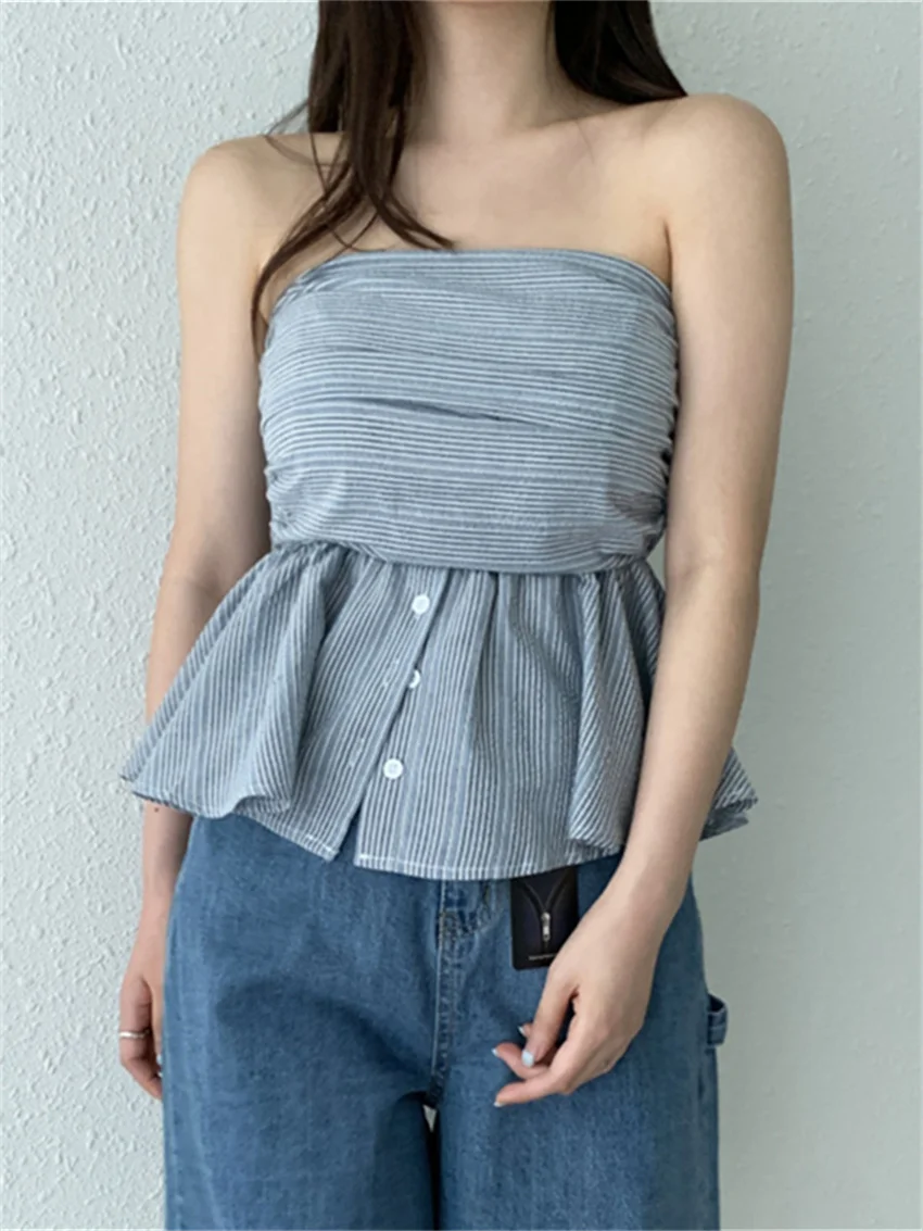 Женская приталенная Майка в полоску без рукавов с открытыми плечами