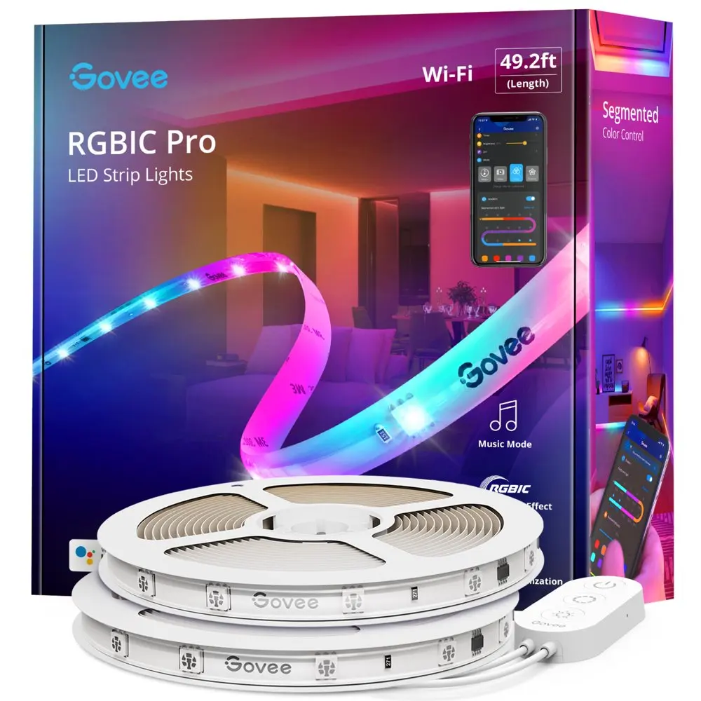 49.2ft Wi-Fi RGBIC Led Strip Light for Bedroom, Living Room, Kitchen Decoration, 16 Million Light Color, Warm White and Cool Whi