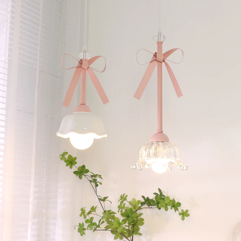 Children Pendant Lamp for Bedroom Bedside Decorations Glass Ceramic Sconces Pink Hanging Light Princess Girl Room Lighting E27