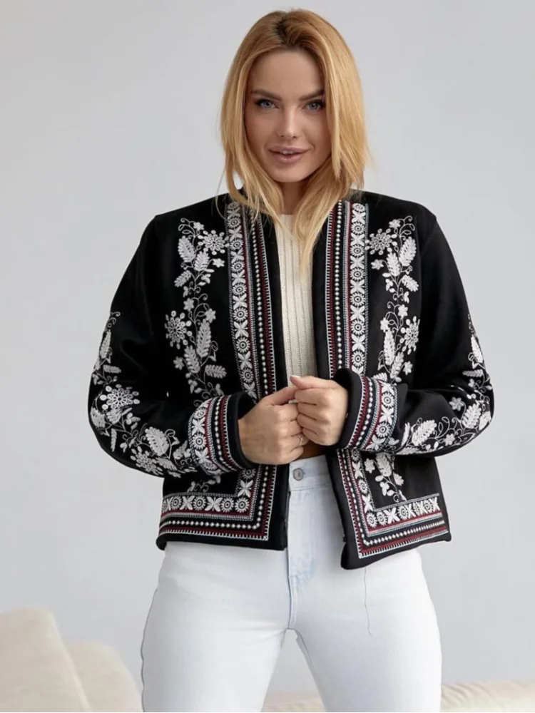 Женская хлопковая куртка с круглым вырезом длинным рукавом и винтажным принтом