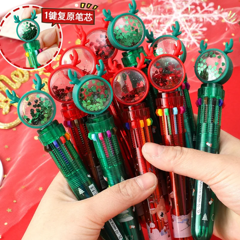

Christmas Cartoon Ten-color Ball-point Pen Pupils Press The Color Multi-function Ball-point Pen Children's Drawing Gifts