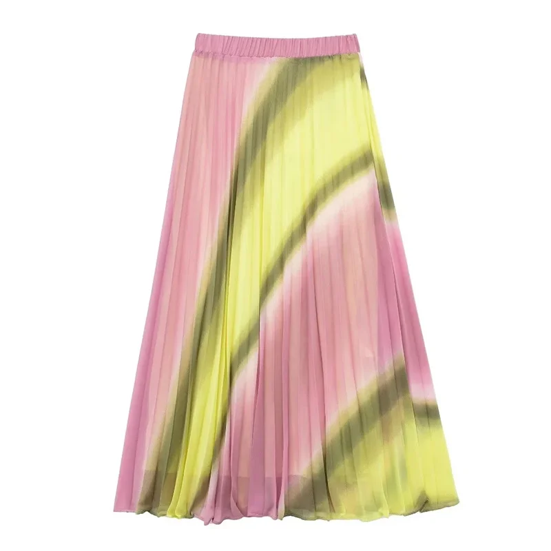 

TRAF Woman Tie Dyed Printed Midi Skirt 2023 Summer New Commuting Style High-waisted With Elastic Waistband Pleats At Waist Skirt