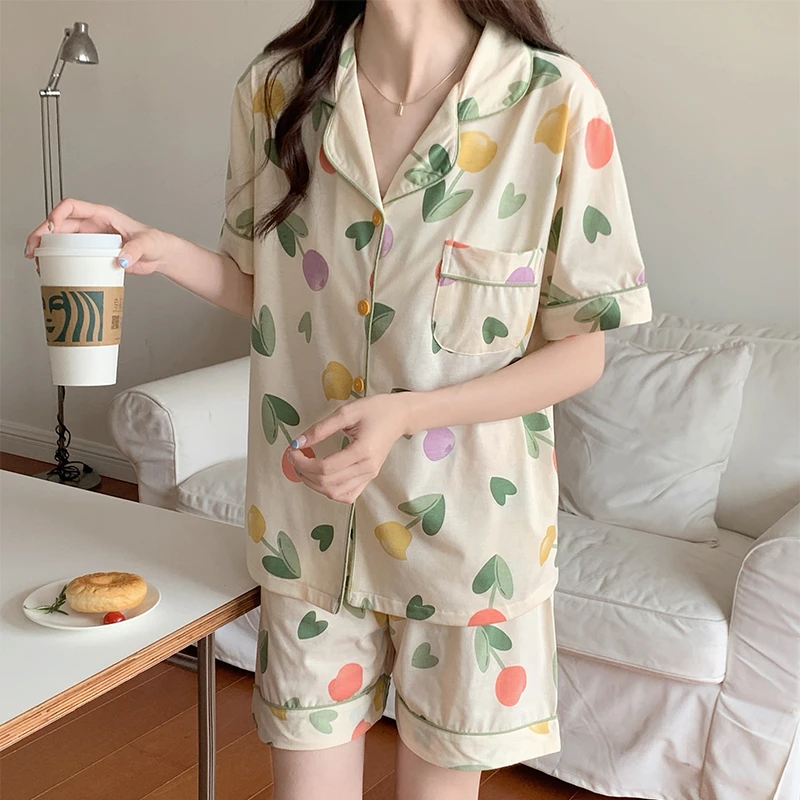 

Pajama Sets Turn-down Collar Short Sleeve Women Summer Floral Printed Cotton Thin Kawaii Trendy Womens 2pcs Pyjamas Elegant
