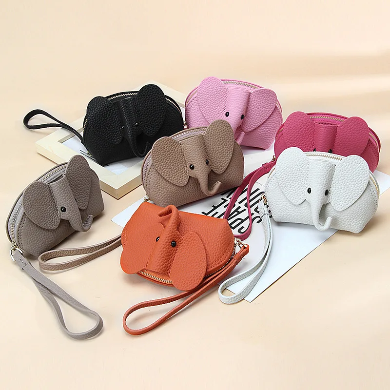 

Candy Color Coin Purse Genuine Leather Women Shell Wallet with Keychain Zipper Ladies Clutch Coins Change Bag Elephant Pattern