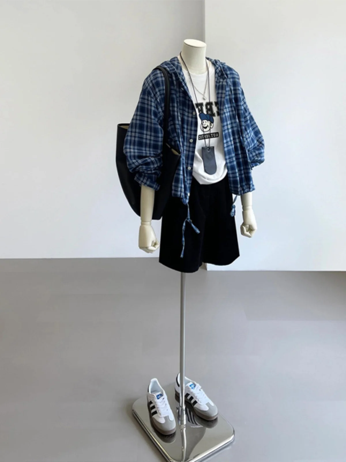 KK · Studio Selected Recommend ~ Blue Plaid Shirts Hoodie Women Early Autumn Drawstring Waist Hugging Top