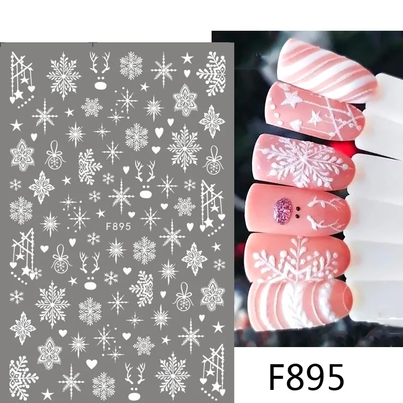 

3D Snow-flake Xmas Nail Stickers Back Glue Sliders Winter White Christmas Trees Snowflakes Nail Decal Stickers For Nail Tips