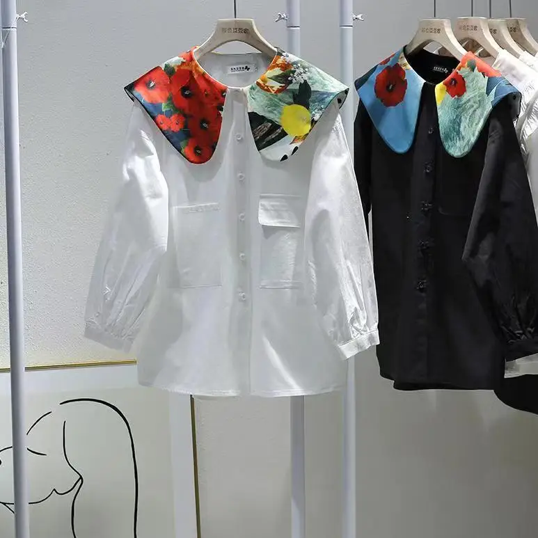 

Korean Women Shirt Vintage Irregular Peter Pan Collar Blouses Fashion Oversized Tops Loose Sweet Blouse Sweet White Blusas Mujer