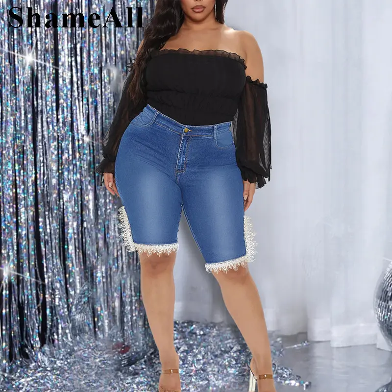 

Plus Size Streetwear Asymmetrical Hem Knee Length Black Pants 4XL Summer Women Lace Up Stretchy Midi Shorts Denim Jeans Bermudas