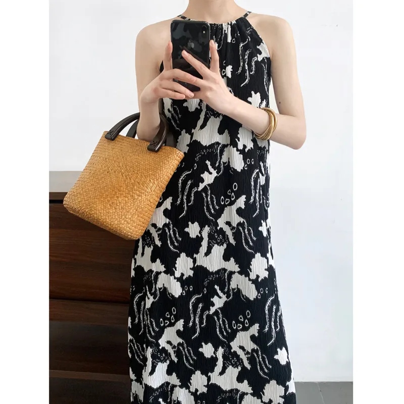 

Летние винтажные Свободные плиссированные прямые длинные платья без рукавов с цветочным рисунком и открытыми плечами