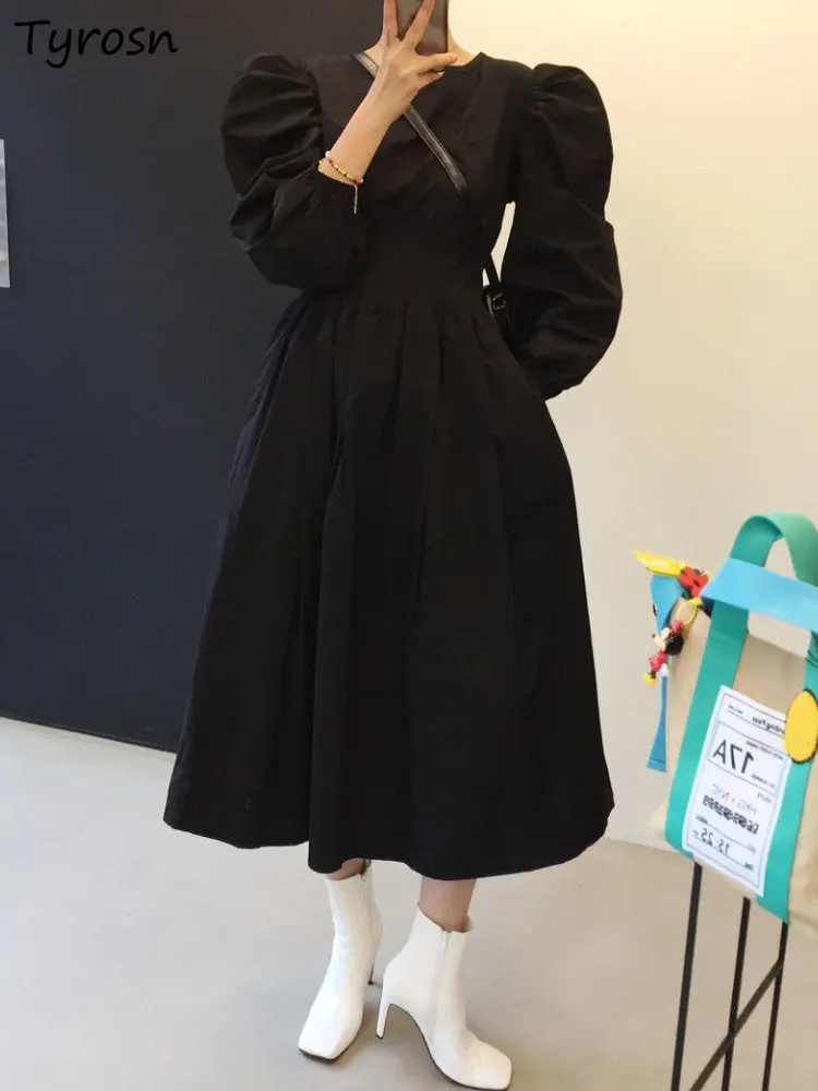 

Dresses Women Minimalist Pure Basic Retro Sweet Femme Folds Leisure Empire Fashion Long-sleeve Autumn Midi Vestidos Korean Style