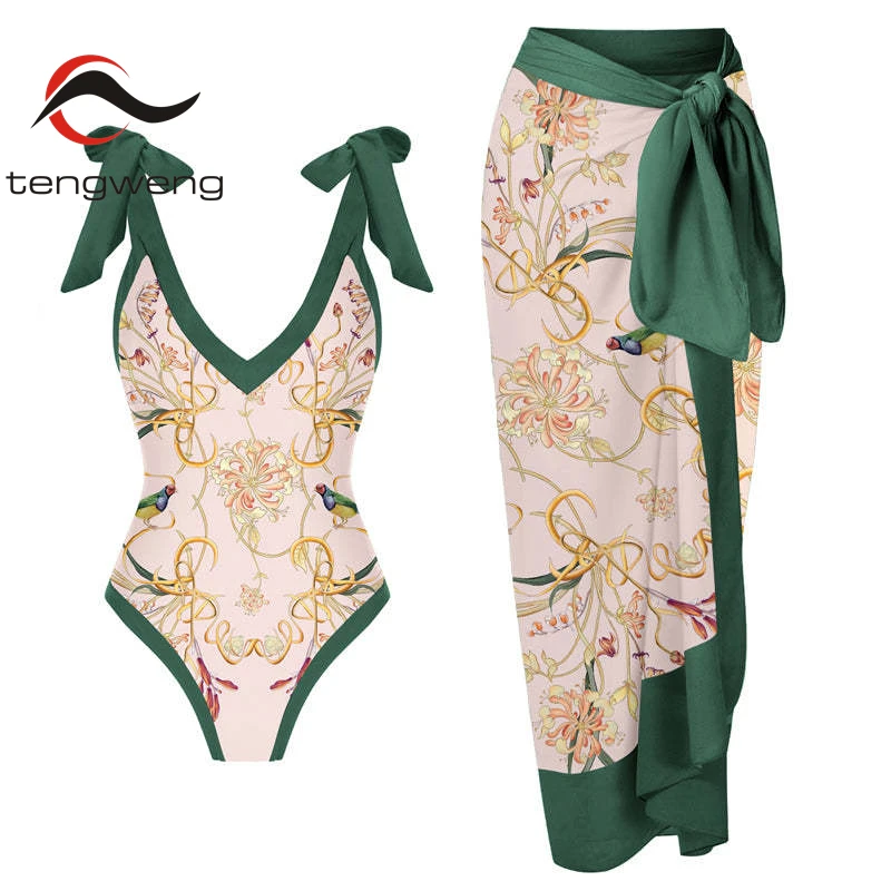 

Swimwear 2022 New Retro One-piece Swimsuit Cover Up Women Bathing Suit Sexy Printed Bikini Deep-v Beachwear Summer Swimming Beac