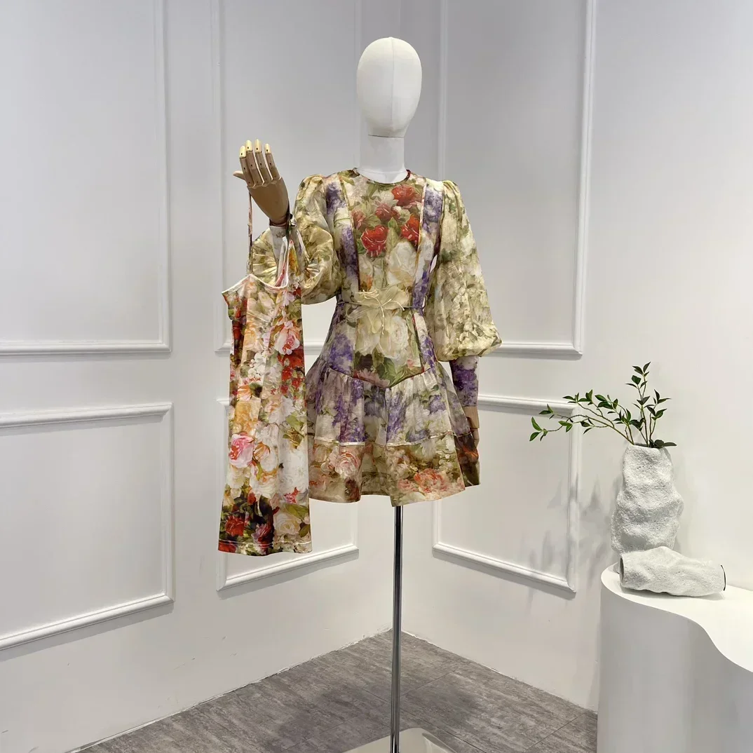

Silk Linen 2023 High Quality Vintage New Collection Floral Printing Belt Long Lantern Sleeve Frill Woman Mini Dress for Holiday