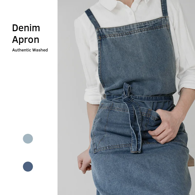 

100% Cotton Denim Apron Thicken Canvas Anti Fouling Home Kitchen Restaurant Korean Pinafore Flower Coffee Store Waist