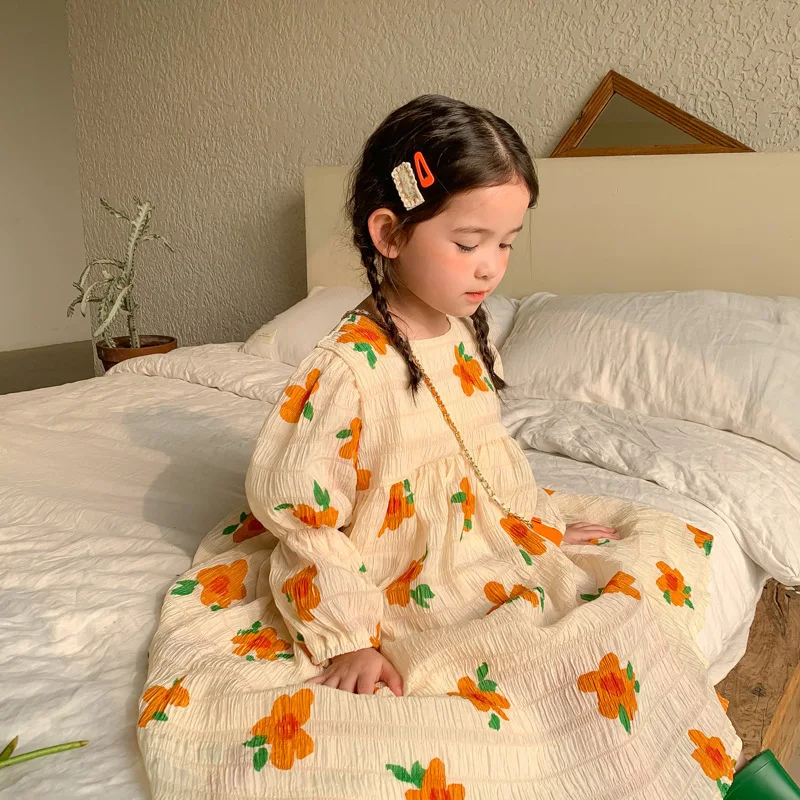 

2022 Spring New Children's Wear Girls' Chinese And Korean Orange Flower Pleated Dress