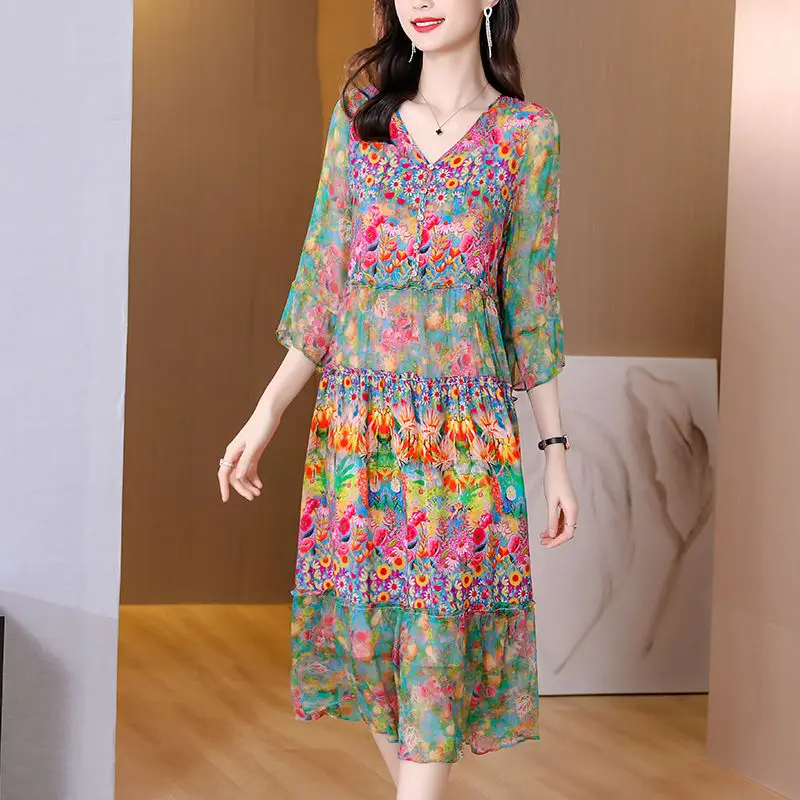 

Vintage Printed V-Neck Button Spliced Ruffles Loose Midi Dress Women's Clothing 2023 Summer New Oversized Office Lady Long Dress
