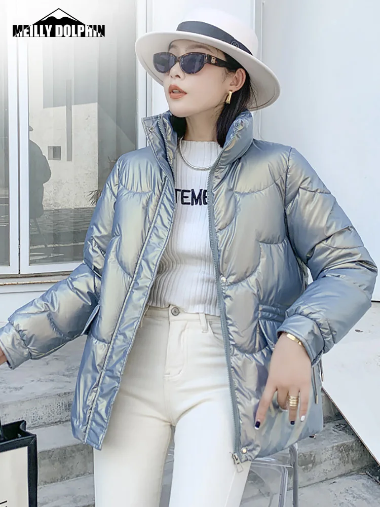 2022 Short Women Winter Jacket Stand Collar Bright Shiny Fabric Female Coat Padded Parkas Solid Winter Clothes Women