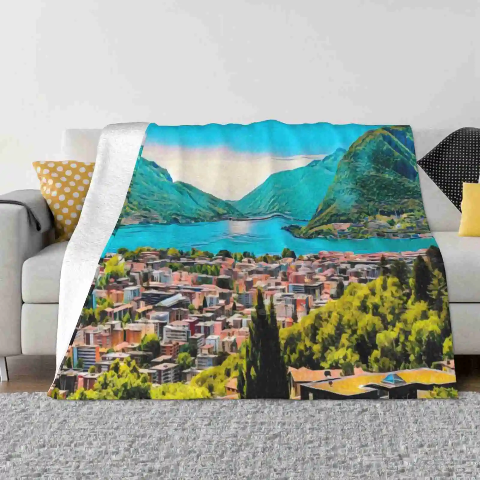 

Lugano New Selling Custom Print Flannel Soft Blanket Old Town Switzerland Lake View Cityscape Skyline Vintage Travel Streets