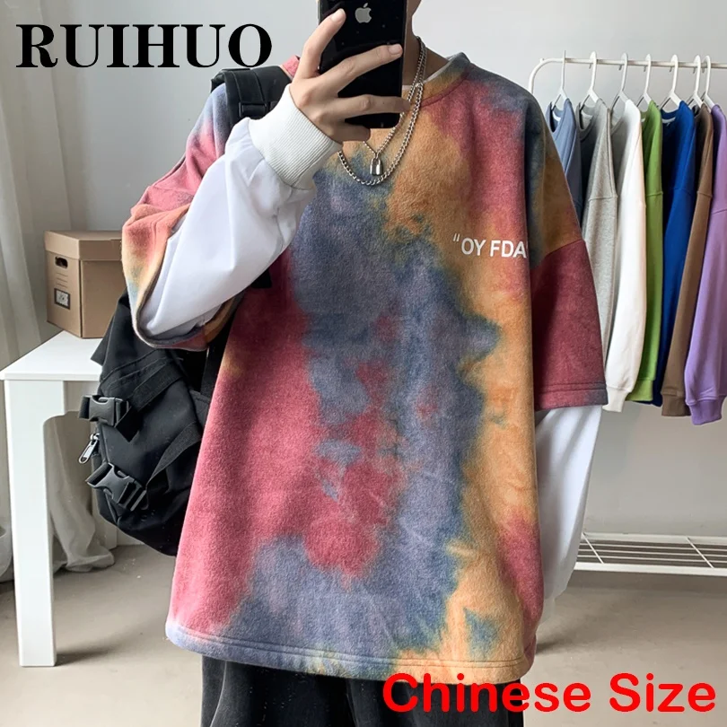 

RUIHUO Dyeing Streetwear Men Sweatshirts Korean Fashion Crewneck Sweatshirt Men Clothing Harajuku Hip Hop Chinese Size 5XL 2022
